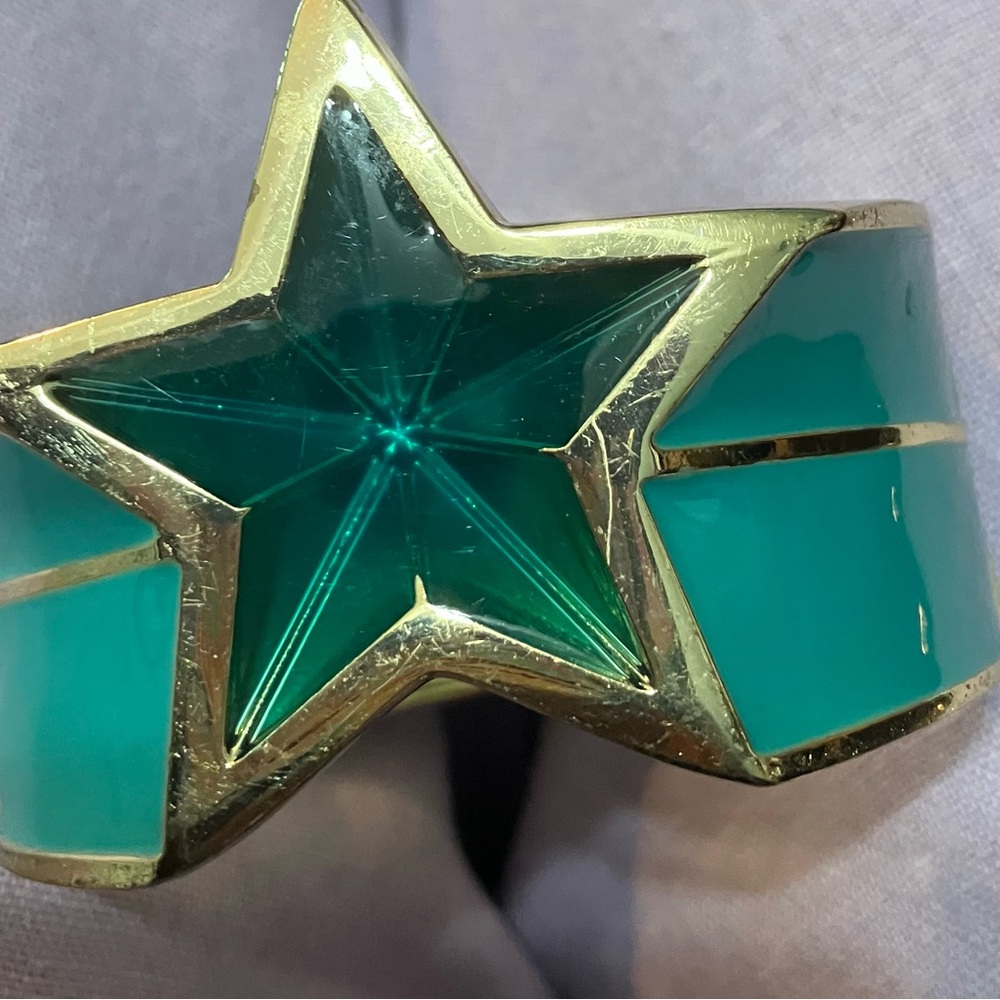 Vintage enamel hinged clamper bangle bracelet aqua golden - Picture 3 of 6